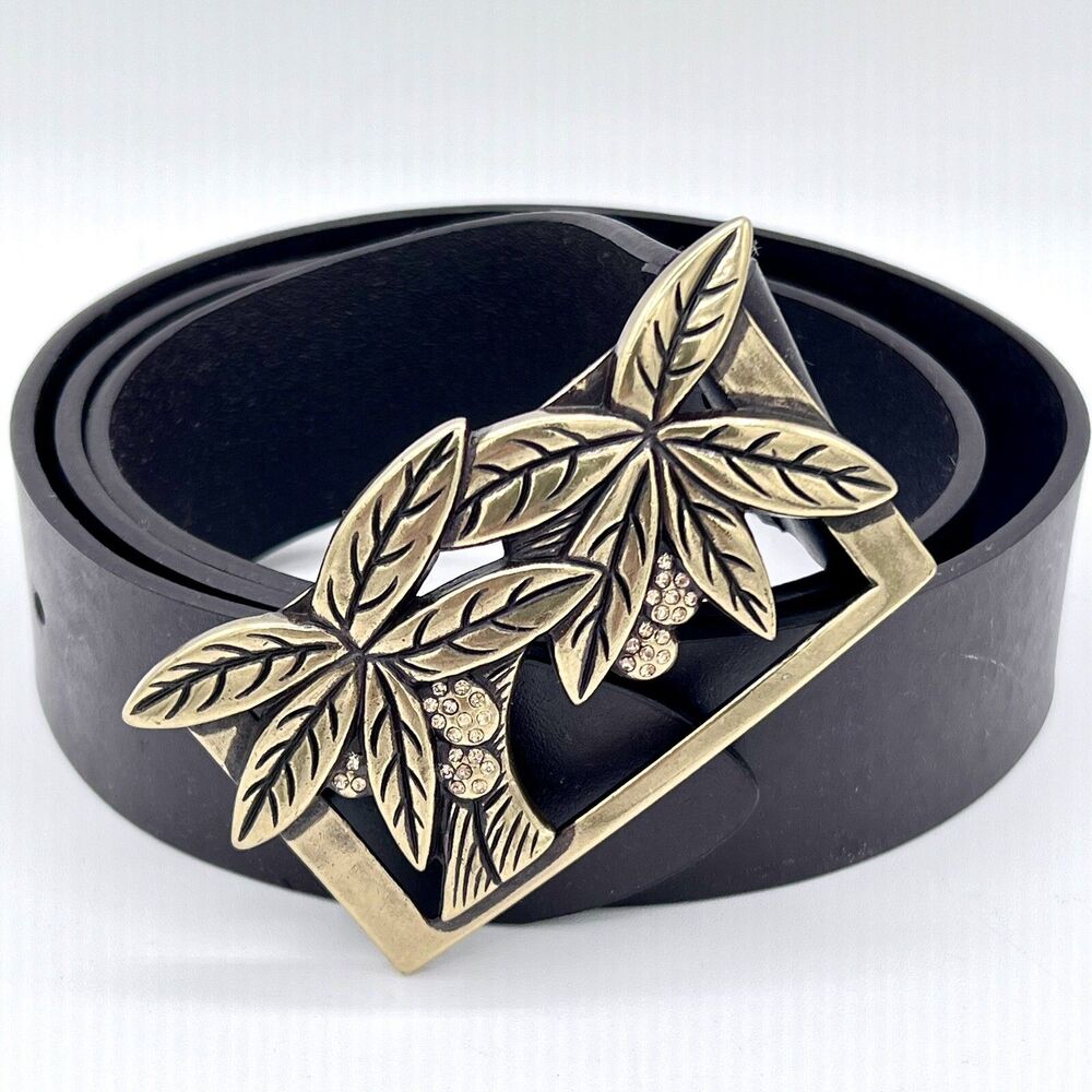 Cipriani Smooth Brown Leather Belt 1.5" Wide Brass Palm Tree Buckle Tropical Lg